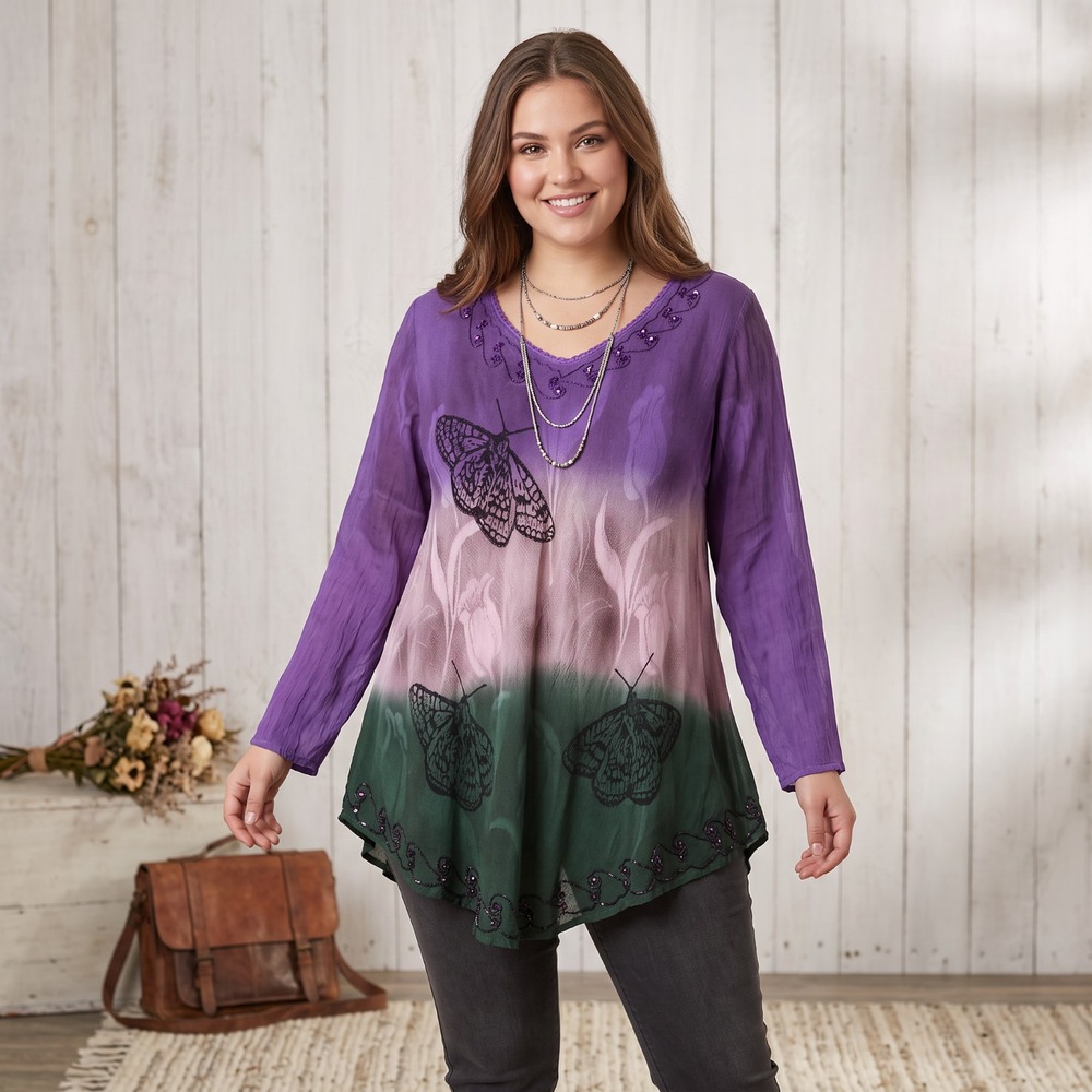 Greater Good Butterfly Tunic Top Ombre Purple Green Boho Whimsigoth Fairy 1X 2X